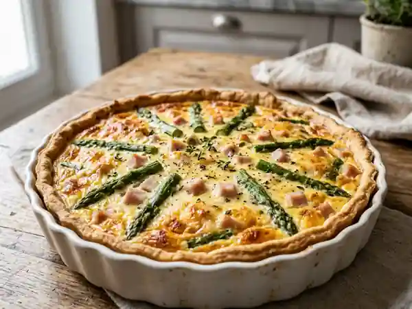 Quiche savoureuse aux asperges vertes et jambon - Photo de présentation