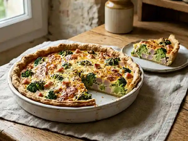 Quiche savoureuse aux brocolis et jambon pour une personne - Photo de présentation