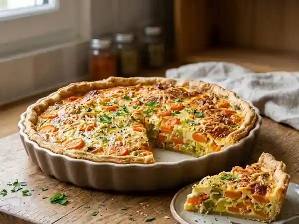 Quiche savoureuse aux carottes et poireaux : recette facile et gourmande - Photo de présentation