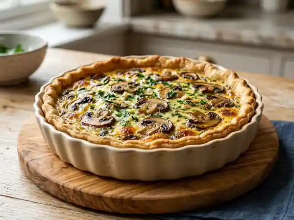 Quiche savoureuse aux champignons, ail et persil frais - Photo de présentation