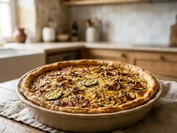 Quiche savoureuse aux courgettes et oignons fondants - Photo de présentation