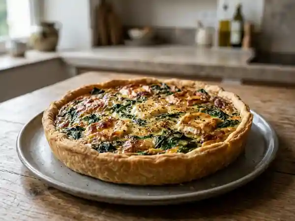 Quiche savoureuse aux épinards frais et chèvre fondant - Photo de présentation