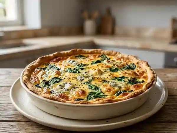 Quiche savoureuse aux épinards frais et roquefort fondant - Photo de présentation