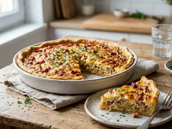 Quiche savoureuse aux lardons et oignons pour un repas complet - Photo de présentation