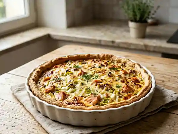 Quiche savoureuse aux poireaux fondants et saumon frais - Photo de présentation
