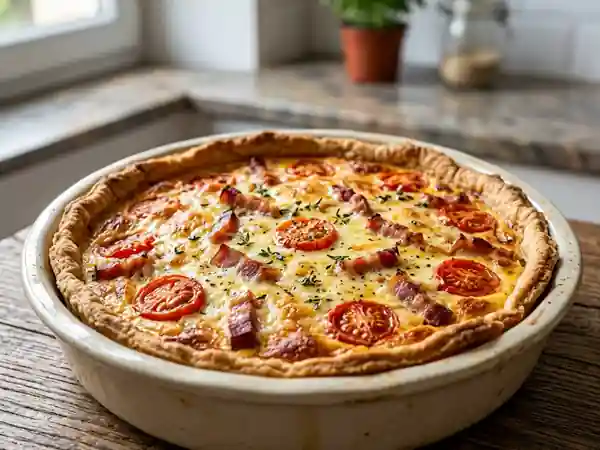 Quiche savoureuse aux tomates fraîches et jambon fumé - Photo de présentation