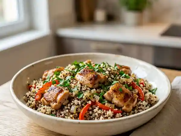 Quinoa perlé au poulet doré et poivrons - Photo de présentation