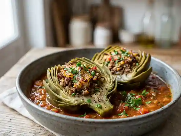 Artichauts fondants farcis au bœuf et tomate - Photo de présentation