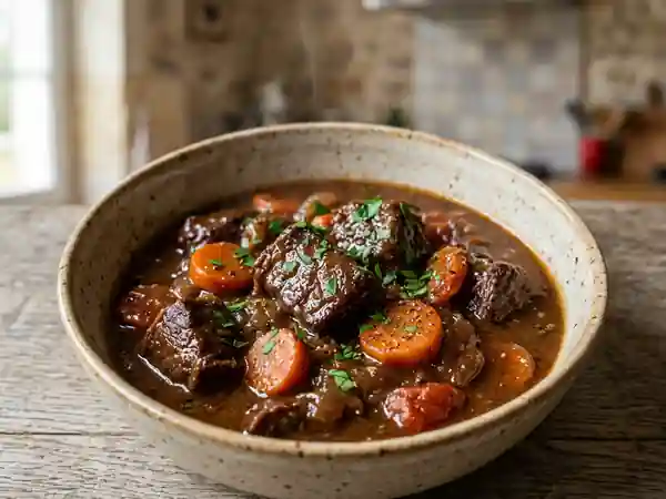Ragoût de bœuf fondant au vin rouge corsé - Photo de présentation
