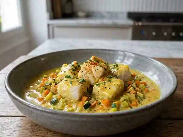 Ragoût de colin onctueux au curry et vin blanc - Photo de présentation