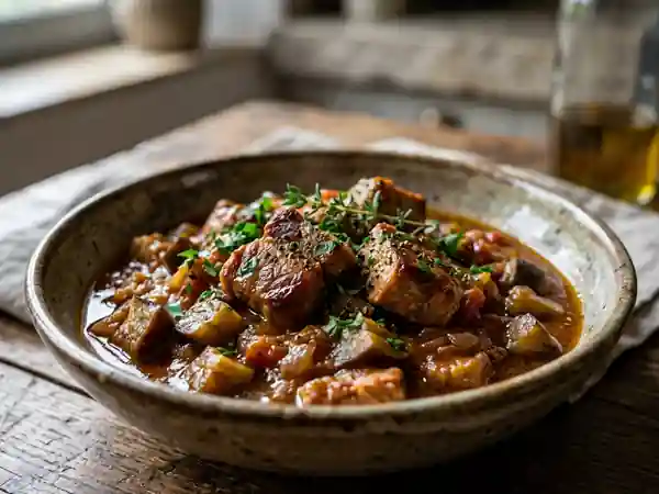 Porc mijoté fondant aux aubergines - Photo de présentation