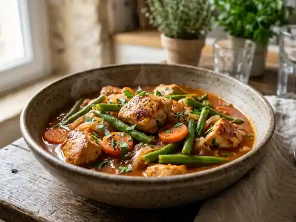 Ragoût de poulet aux haricots verts fondants - Photo de présentation