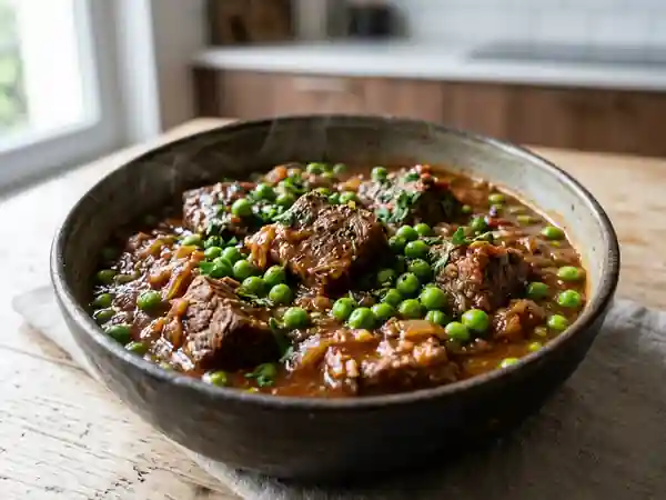 Ragoût de viande savoureux aux petits pois et tomates fraîches - Photo de présentation