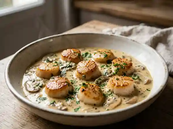 Poêlée de Saint-Jacques crème et champignons - Photo de présentation