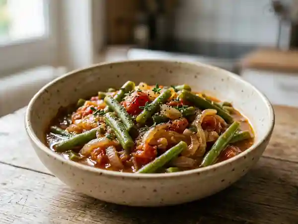 Ragoût savoureux de haricots verts aux tomates et oignons - Photo de présentation