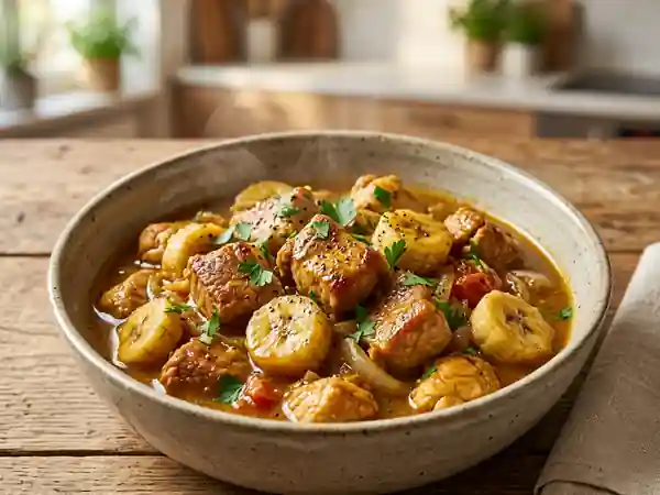 Ragoût savoureux de porc et poulet à la banane mûre - Photo de présentation