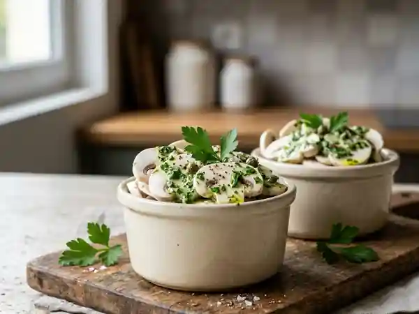 Ramequins frais de champignons crus à la sauce verte onctueuse - Photo de présentation