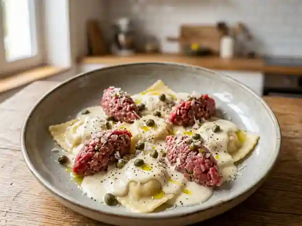 Ravioles fondantes au tartare et crème parmesan - Photo de présentation
