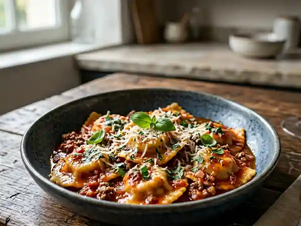 Raviolis fondants au bœuf et tomate basilic - Photo de présentation