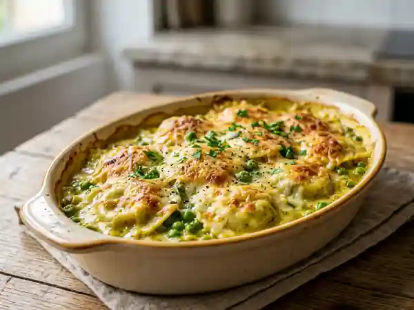 Raviolis gratinés à la crème de curry et pois - Photo de présentation