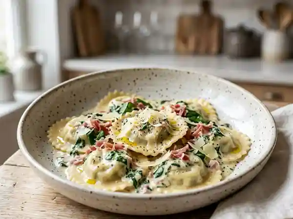 Raviolis onctueux mascarpone, jambon et épinards - Photo de présentation