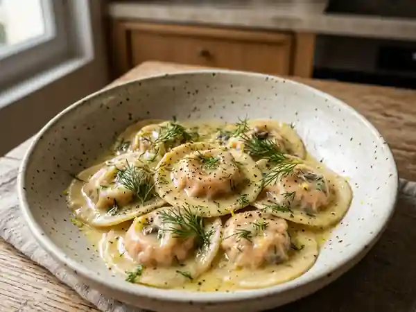 Raviolis fondants au saumon et champignons frais - Photo de présentation