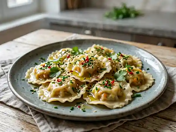 Raviolis soyeux au tofu et légumes sautés - Photo de présentation