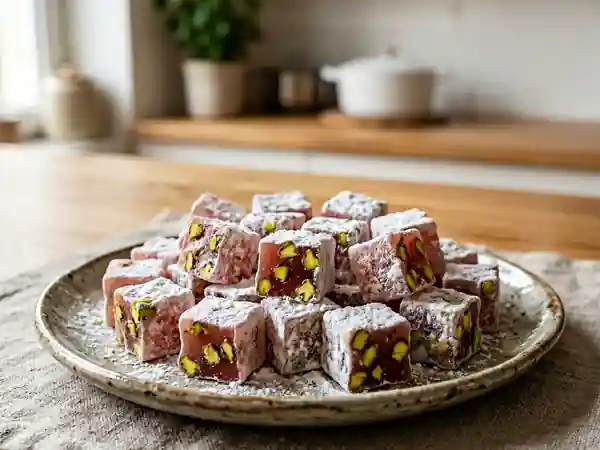 Loukoums fondants à la rose et pistaches - Photo de présentation