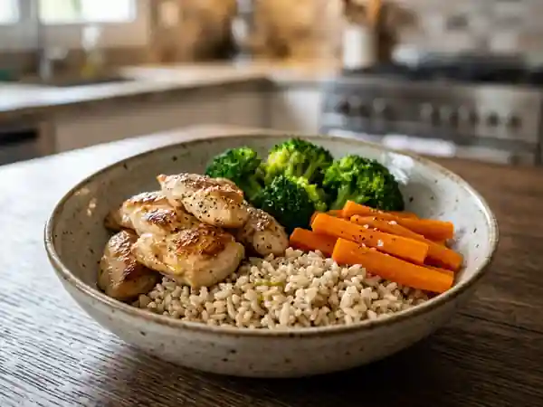 Poulet sauté au riz complet et brocolis - Photo de présentation