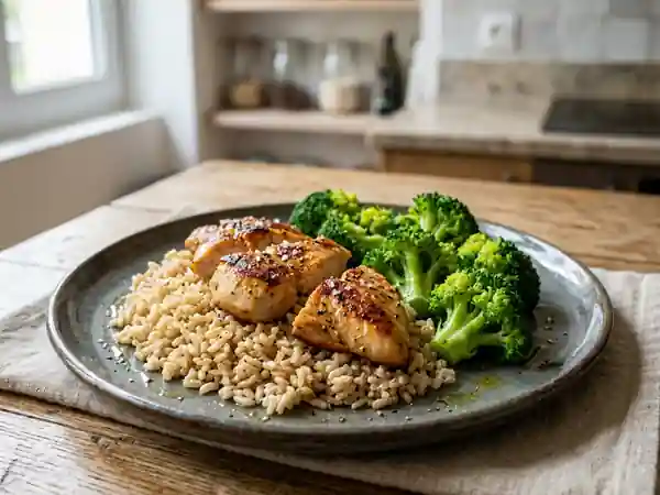 Bowl de riz complet, poulet juteux et brocoli - Photo de présentation