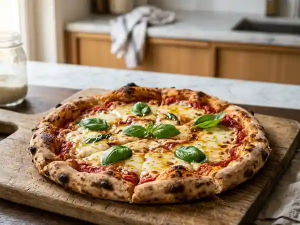 Pizza Margherita croustillante au basilic frais - Photo de présentation