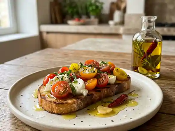 Huile d'olive infusée ail, romarin et piment - Photo de présentation
