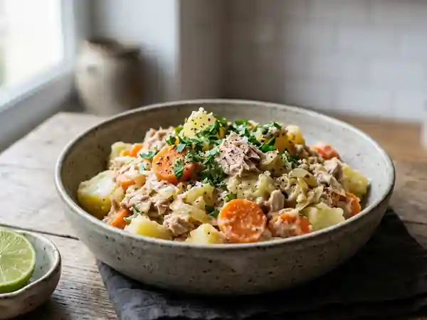 Poêlée de thon onctueuse aux légumes racines - Photo de présentation