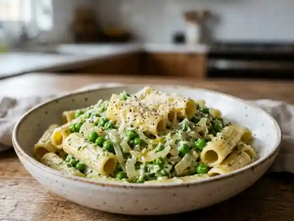 Rigatoni crémeux aux petits pois et ricotta - Photo de présentation
