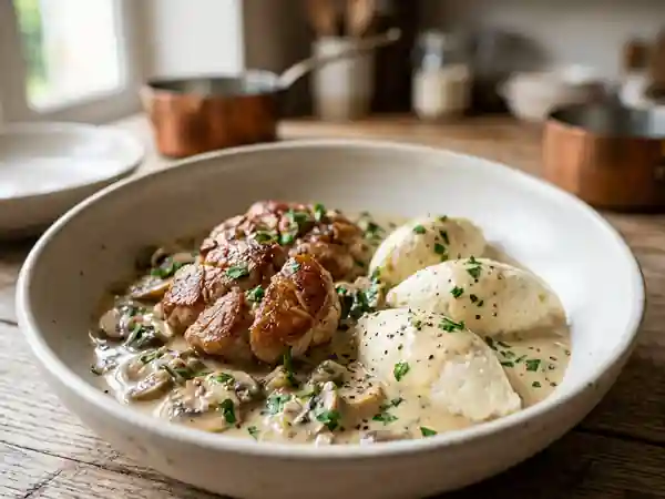 Ris de veau crémeux aux champignons et quenelles - Photo de présentation
