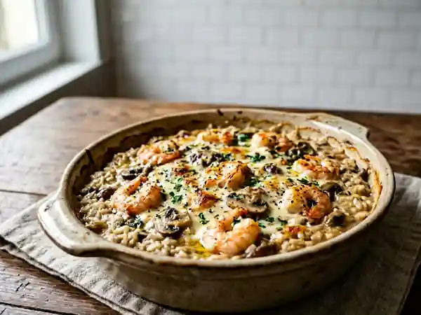 Risotto au four crémeux aux crevettes et champignons - Photo de présentation