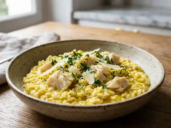 Risotto crémeux au curry et poisson frais - Photo de présentation