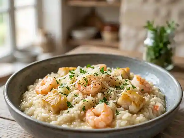 Risotto onctueux au merlan et crevettes - Photo de présentation