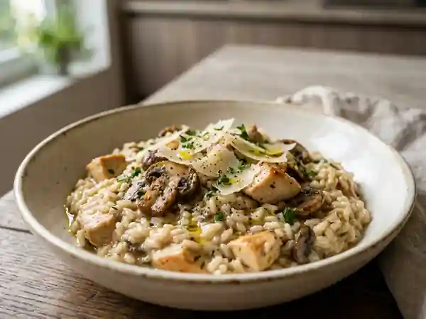 Risotto crémeux au poulet et champignons frais - Photo de présentation