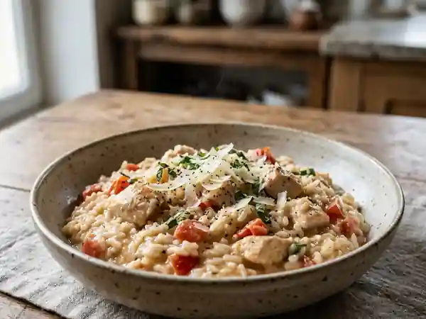 Risotto fondant au poulet et tomates juteuses - Photo de présentation