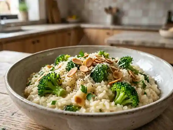 Risotto fondant brocoli et amandes croquantes - Photo de présentation