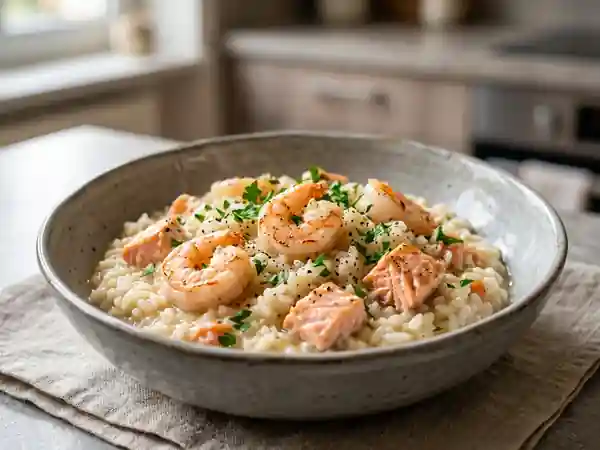 Risotto onctueux aux crevettes et saumon - Photo de présentation