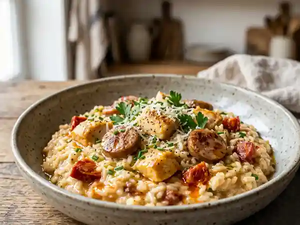 Risotto fondant au poulet et chorizo fumé - Photo de présentation
