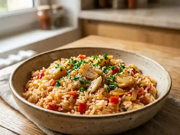 Riz moelleux à la morue et poivrons rouges - Photo de présentation