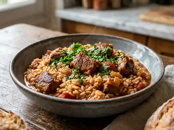 Riz fondant au mouton et tomates juteuses - Photo de présentation