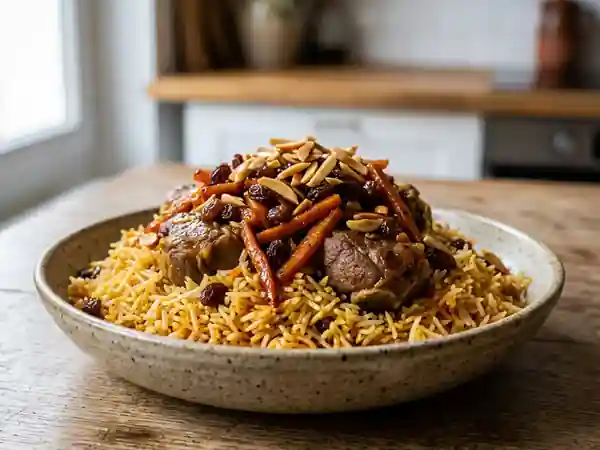 Qabeli : Riz afghan fondant à l'agneau épicé - Photo de présentation