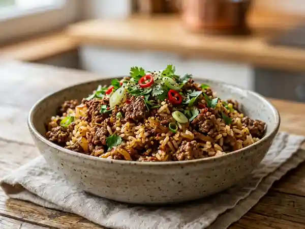 Riz au bœuf sauté et épices fumées - Photo de présentation