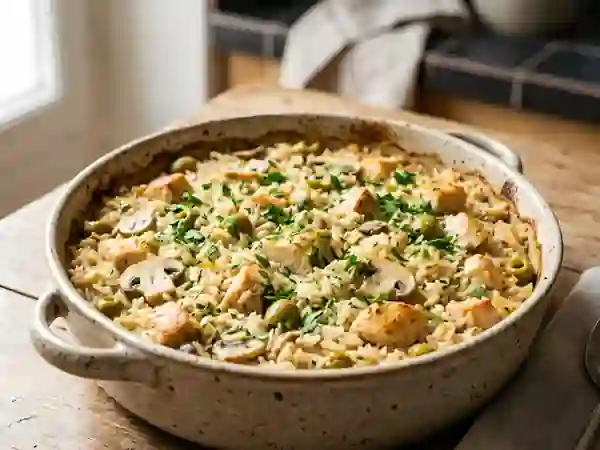 Riz au four doré, poulet et olives - Photo de présentation