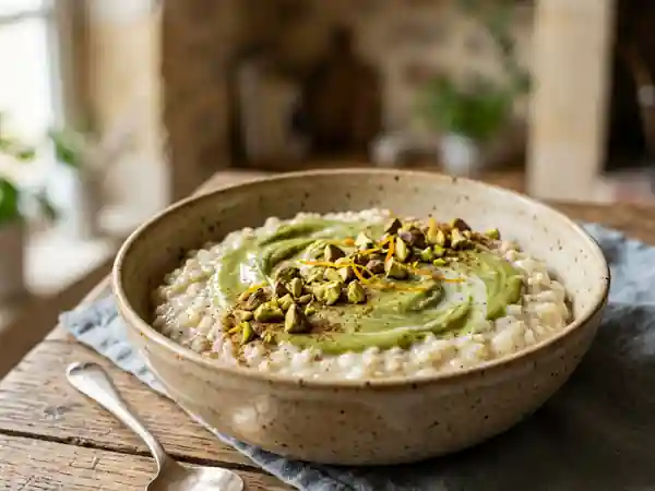 Riz au Lait Épicé Crémeux avec Crème Pistachée Gourmande - Photo de présentation