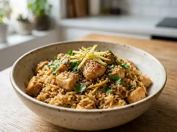 Riz sauté au poulet et gingembre frais - Photo de présentation